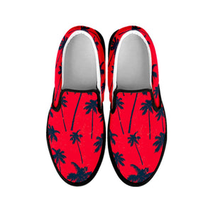 Black Red Palm Tree Pattern Print Black Slip On Sneakers