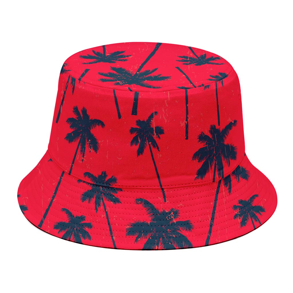 Black Red Palm Tree Pattern Print Bucket Hat