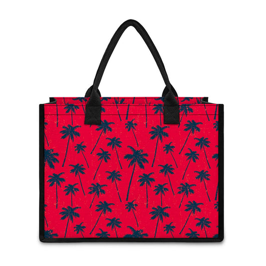 Black Red Palm Tree Pattern Print Canvas Tote Bag