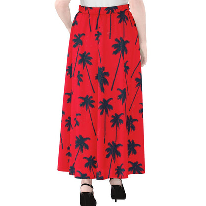 Black Red Palm Tree Pattern Print Chiffon Maxi Skirt