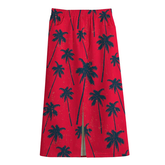 Black Red Palm Tree Pattern Print Cotton Front Slit Maxi Skirt