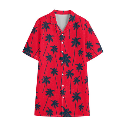 Black Red Palm Tree Pattern Print Cotton Hawaiian Shirt