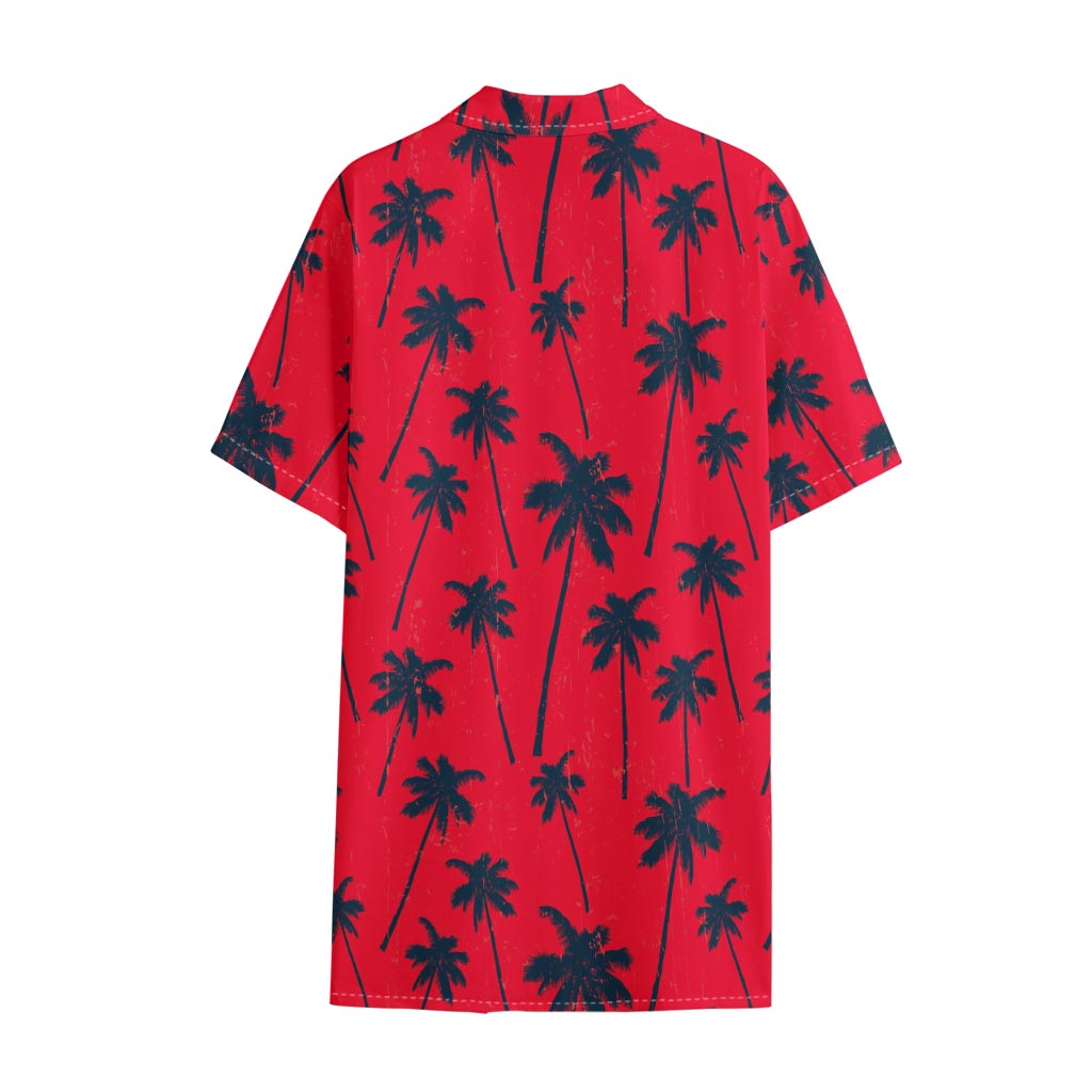 Black Red Palm Tree Pattern Print Cotton Hawaiian Shirt