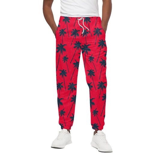Black Red Palm Tree Pattern Print Cotton Pants