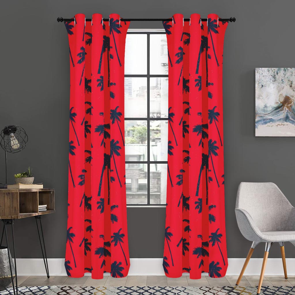 Black Red Palm Tree Pattern Print Curtain