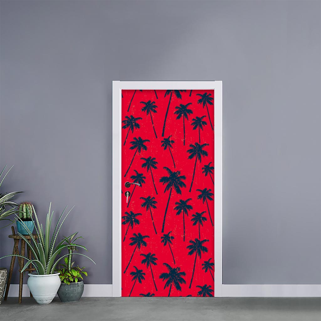 Black Red Palm Tree Pattern Print Door Sticker