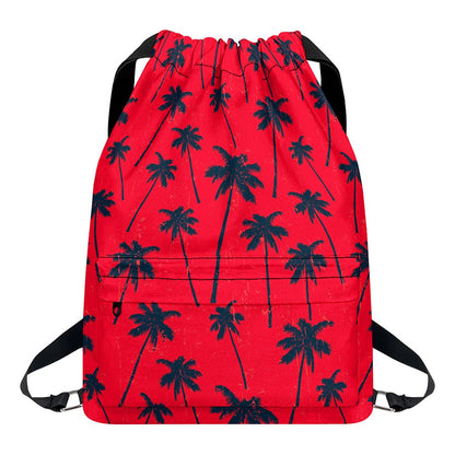 Black Red Palm Tree Pattern Print Drawstring Backpack