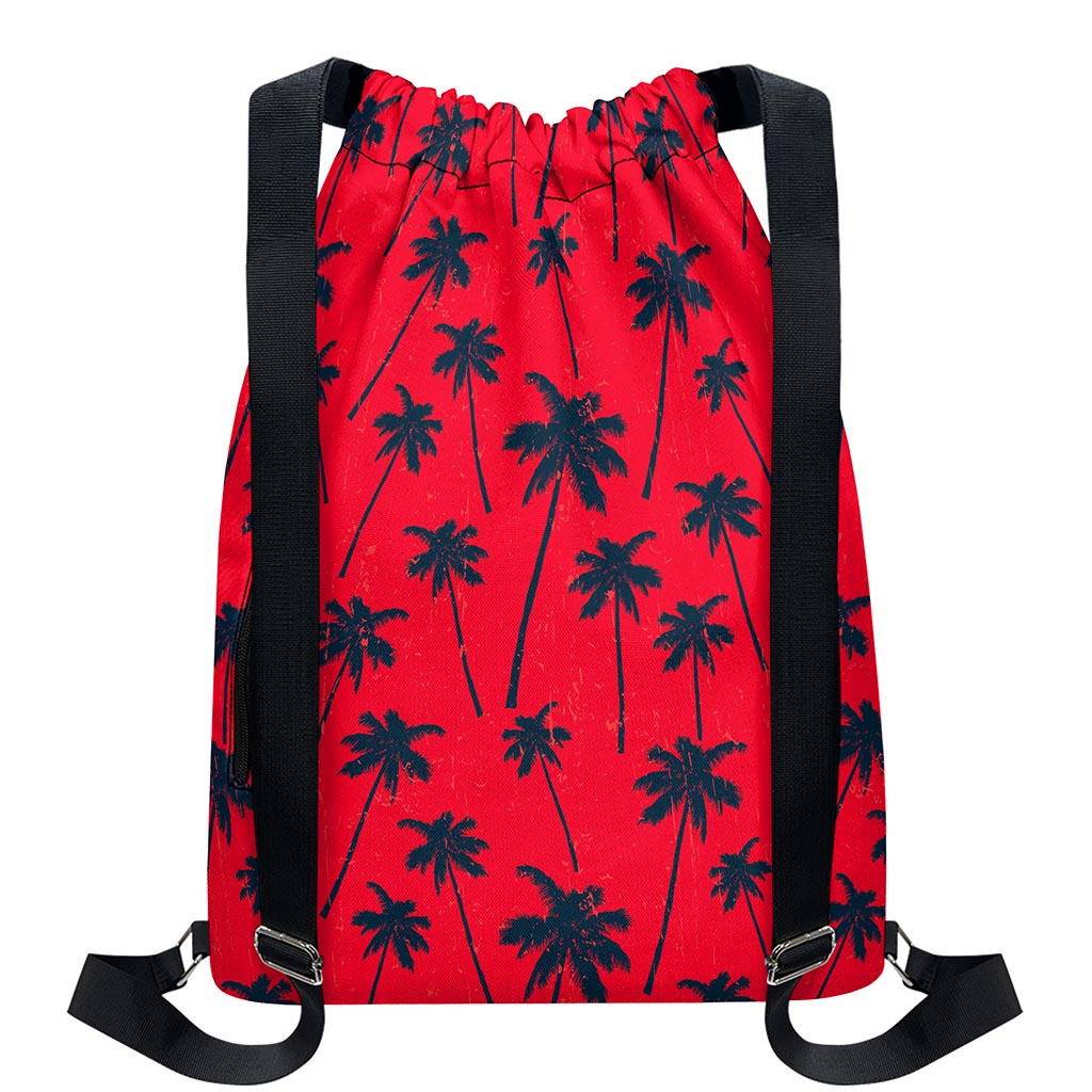 Black Red Palm Tree Pattern Print Drawstring Backpack