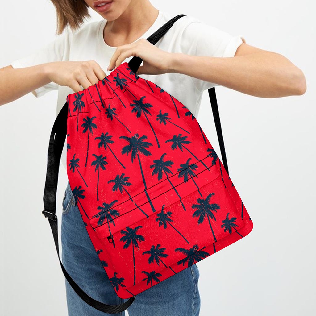 Black Red Palm Tree Pattern Print Drawstring Backpack