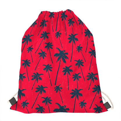 Black Red Palm Tree Pattern Print Drawstring Bag