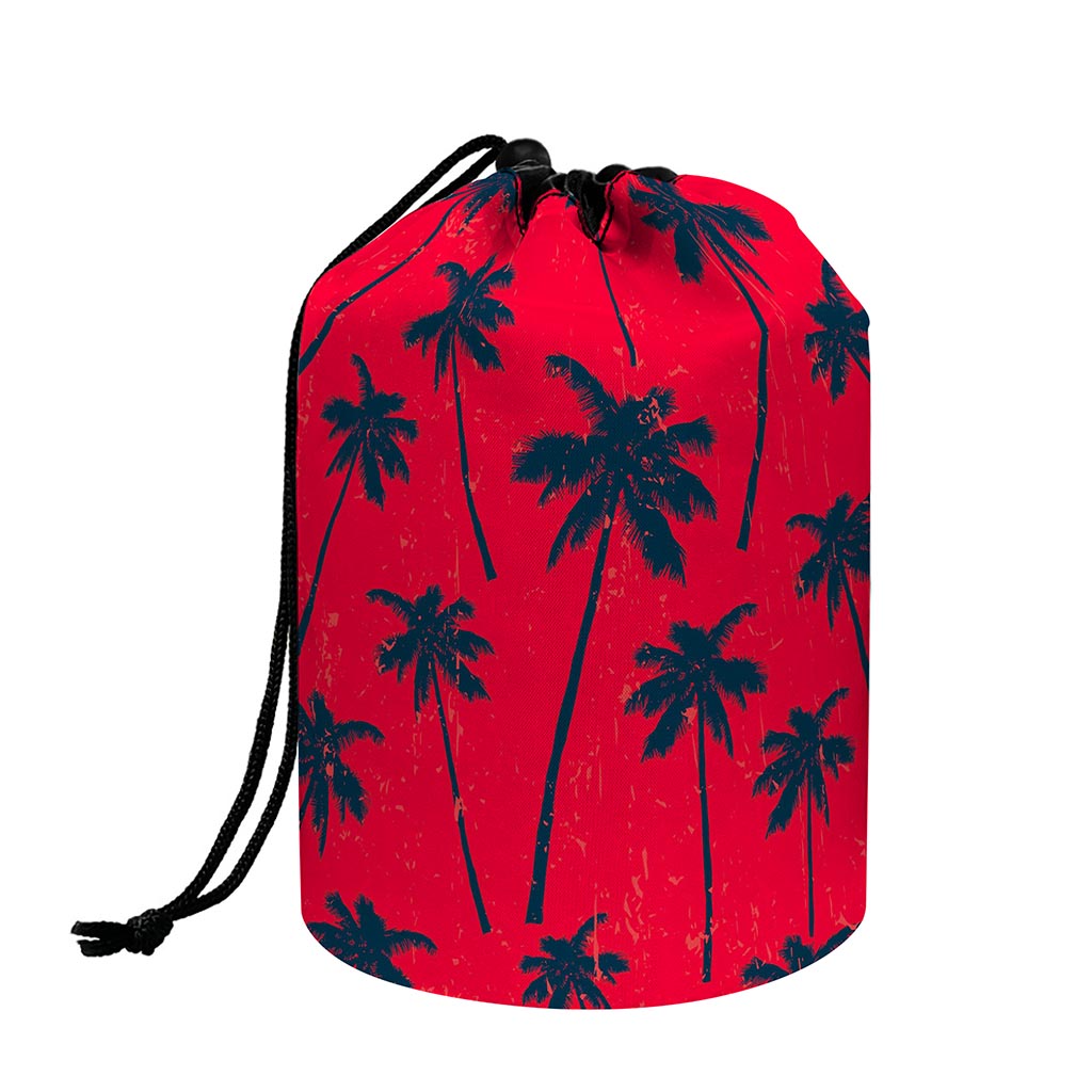 Black Red Palm Tree Pattern Print Drawstring Makeup Bag