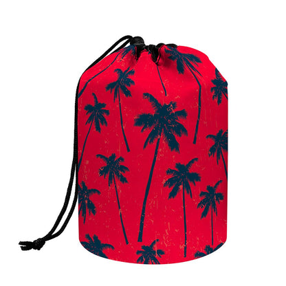 Black Red Palm Tree Pattern Print Drawstring Makeup Bag