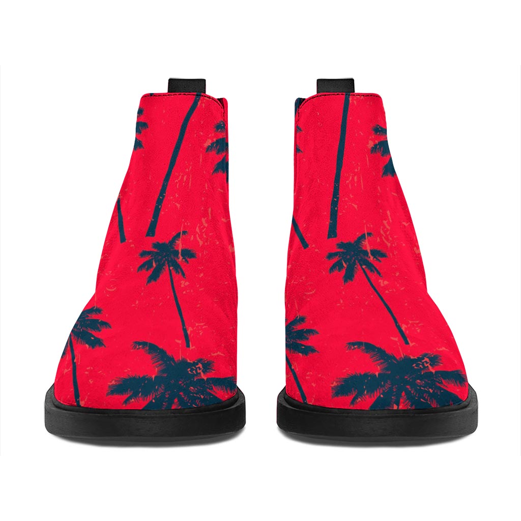 Black Red Palm Tree Pattern Print Flat Ankle Boots