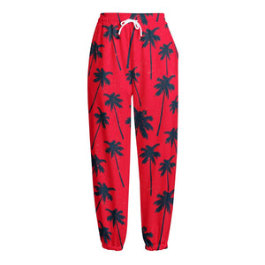 Black Red Palm Tree Pattern Print Fleece Lined Knit Pants