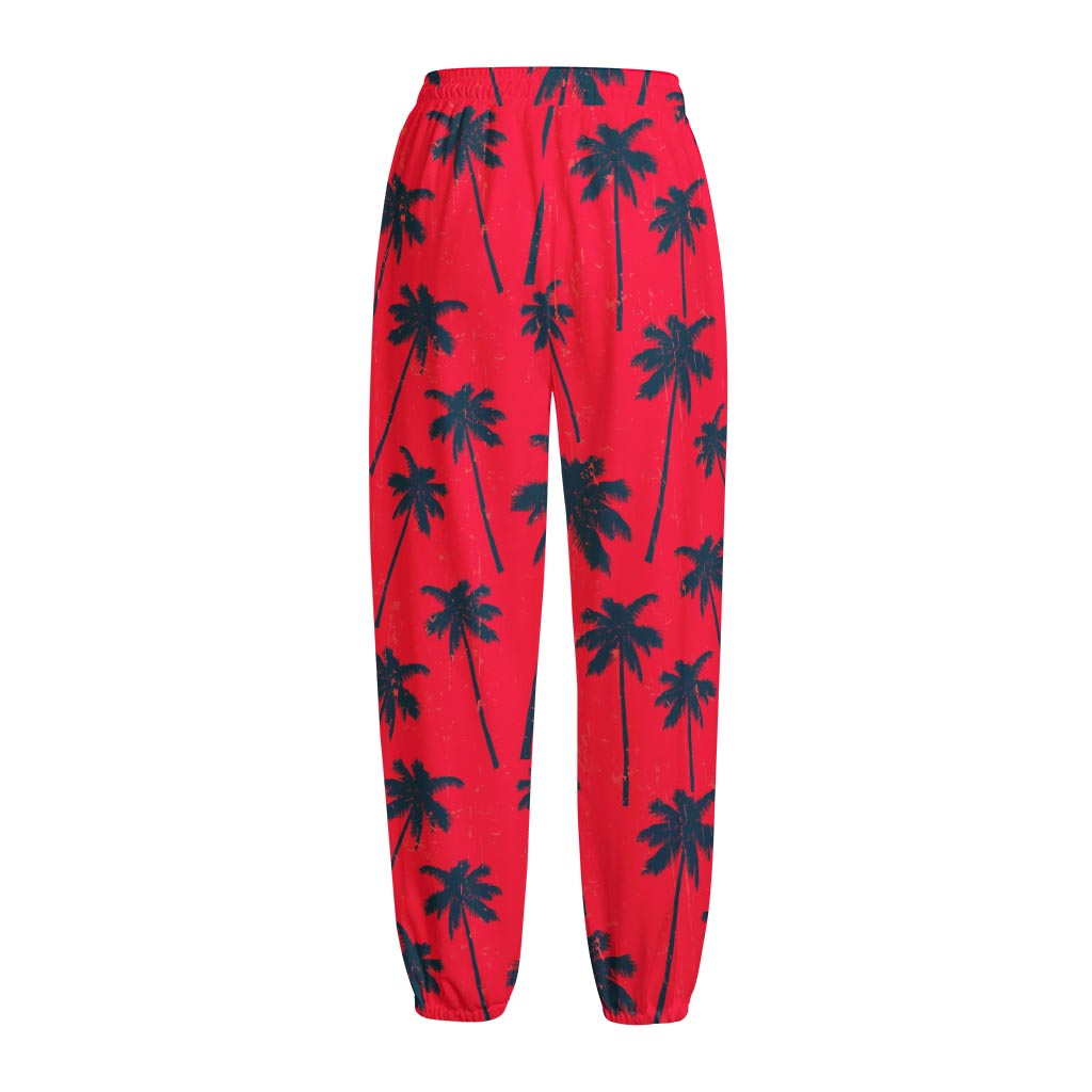 Black Red Palm Tree Pattern Print Fleece Lined Knit Pants