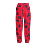 Black Red Palm Tree Pattern Print Fleece Lined Knit Pants