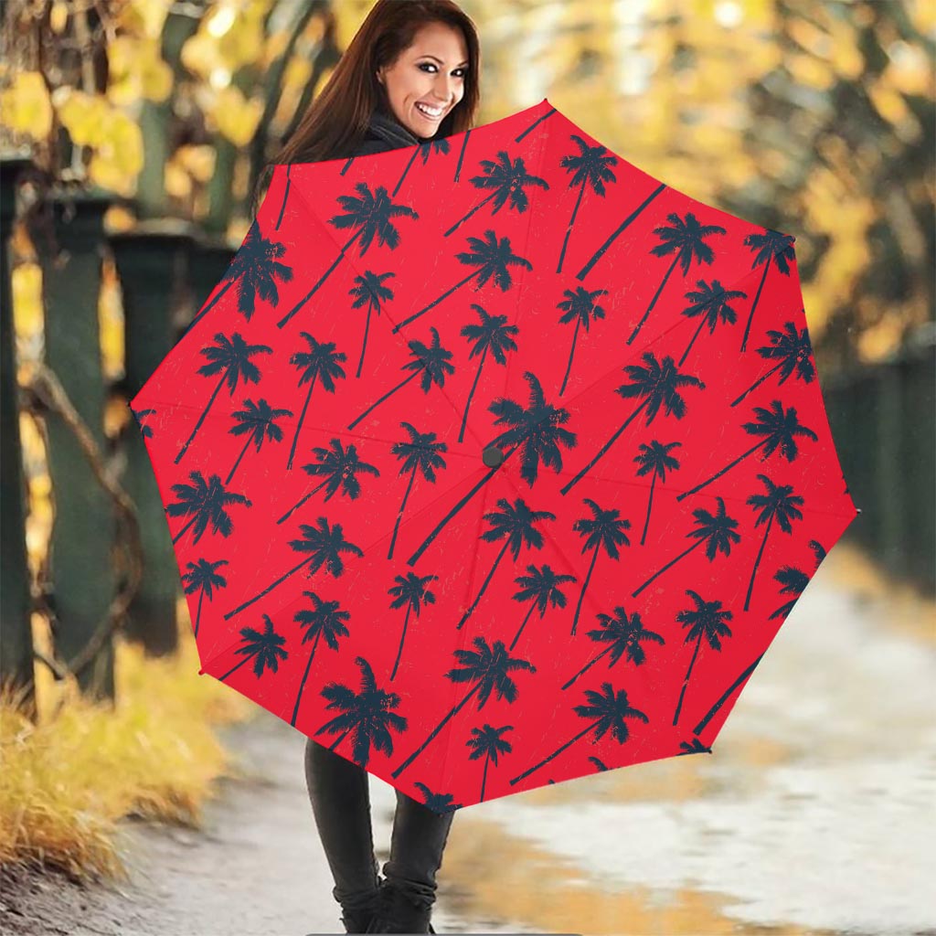 Black Red Palm Tree Pattern Print Foldable Umbrella