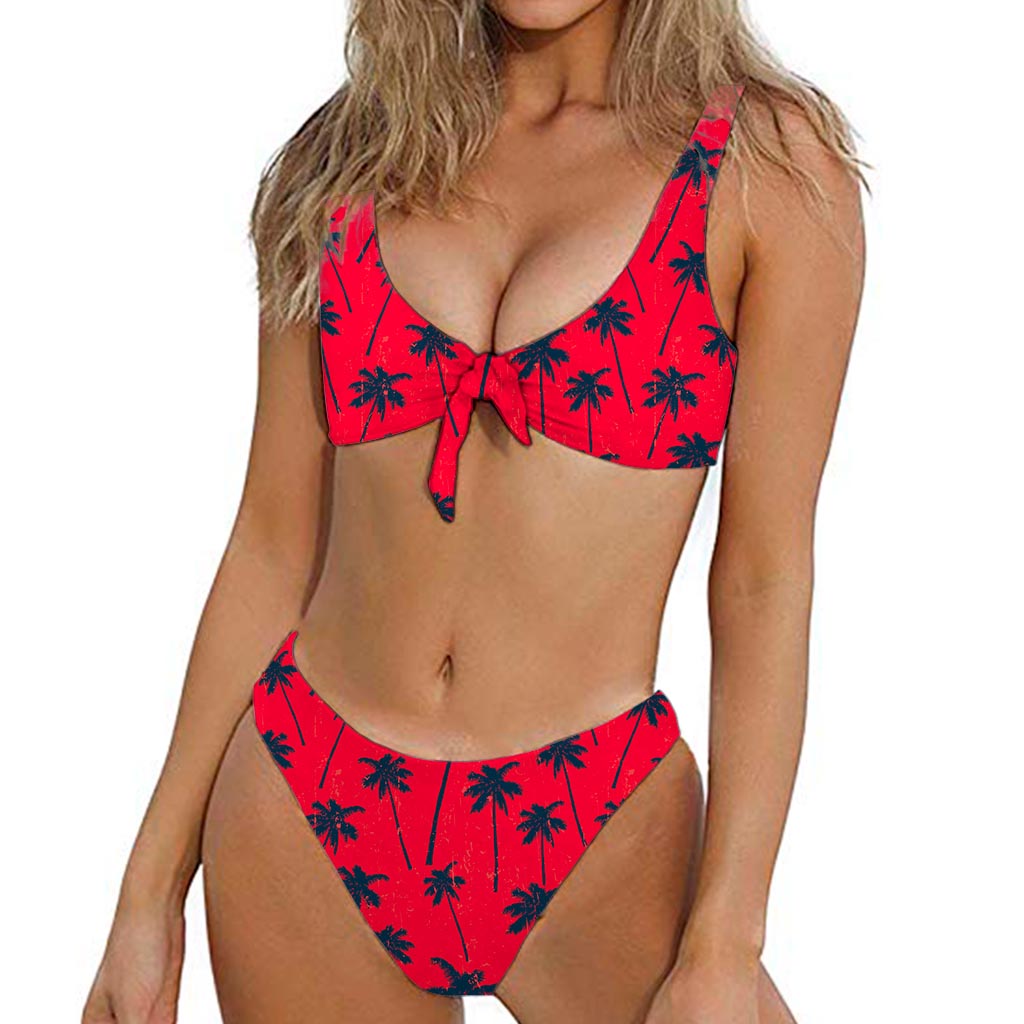 Black Red Palm Tree Pattern Print Front Bow Tie Bikini