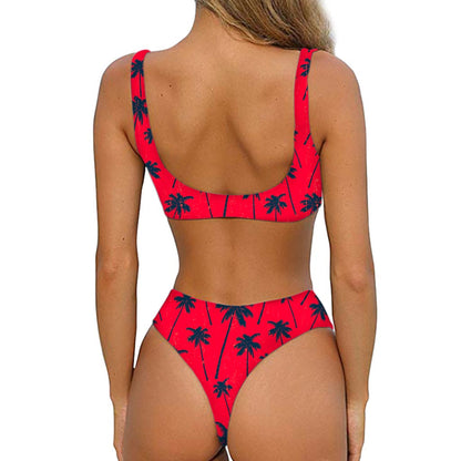 Black Red Palm Tree Pattern Print Front Bow Tie Bikini