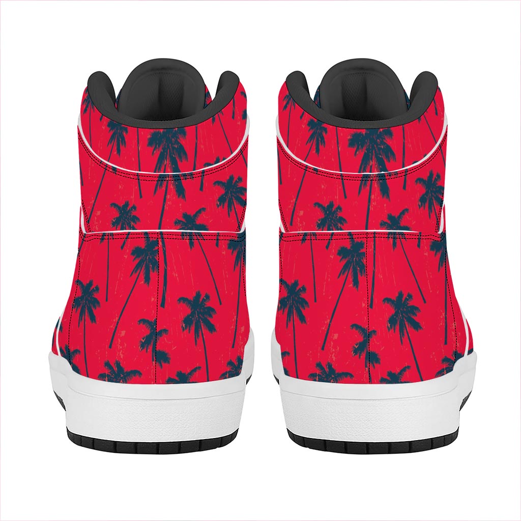 Black Red Palm Tree Pattern Print High Top Leather Sneakers
