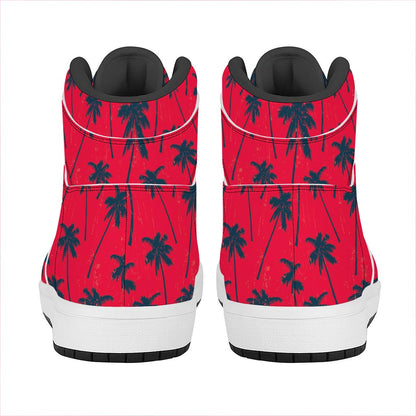 Black Red Palm Tree Pattern Print High Top Leather Sneakers