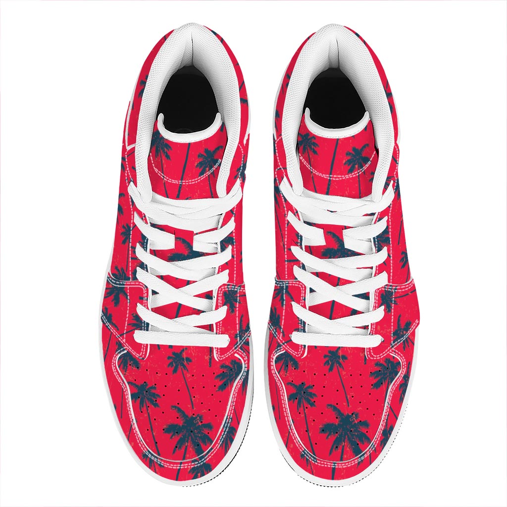 Black Red Palm Tree Pattern Print High Top Leather Sneakers
