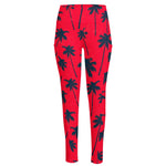 Black Red Palm Tree Pattern Print High-Waisted Pocket Leggings