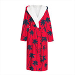 Black Red Palm Tree Pattern Print Hooded Bathrobe