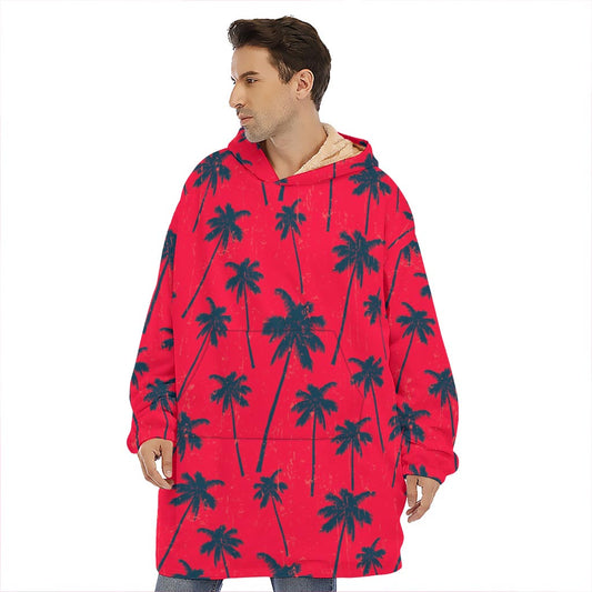 Black Red Palm Tree Pattern Print Hoodie Blanket