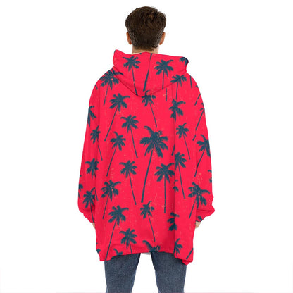 Black Red Palm Tree Pattern Print Hoodie Blanket
