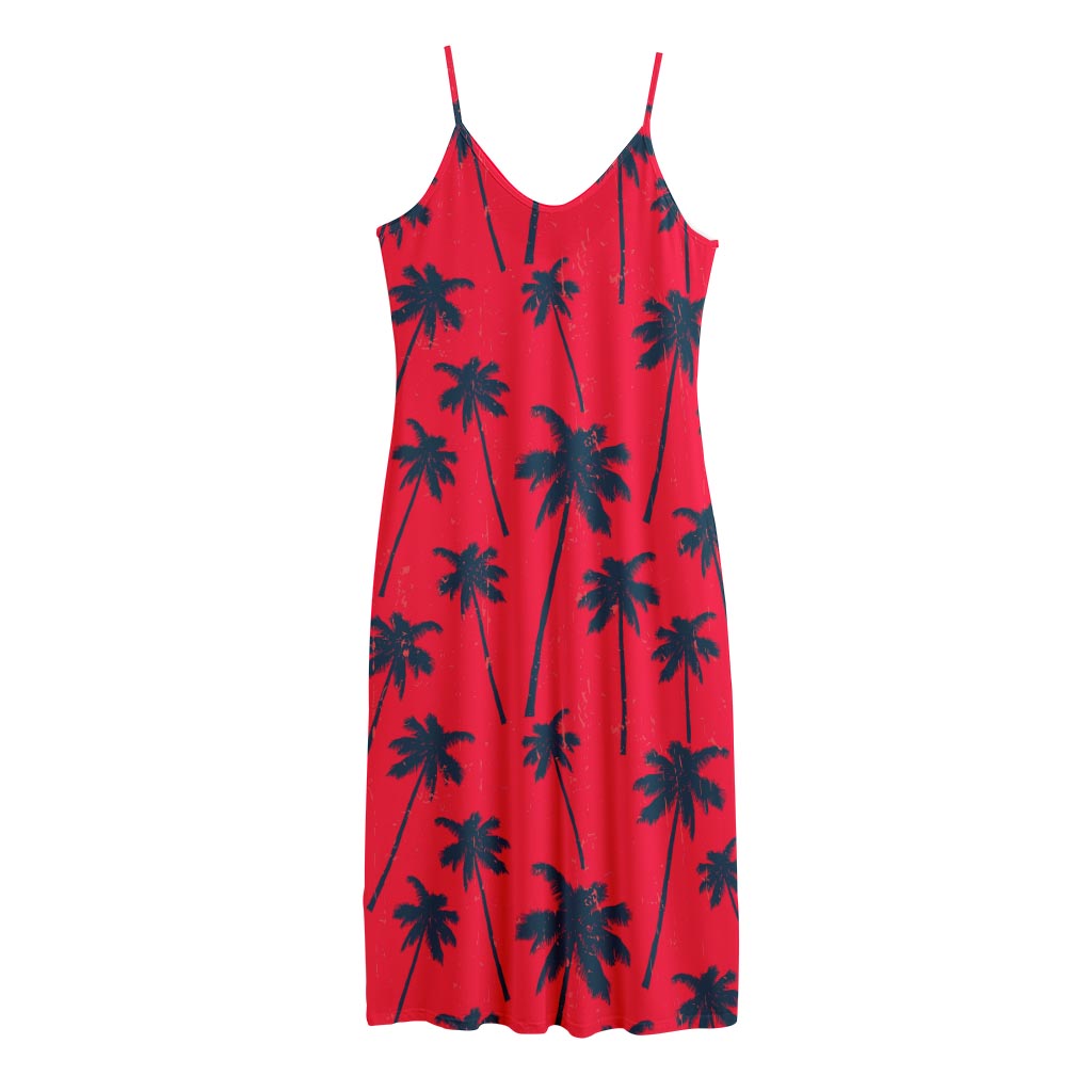 Black Red Palm Tree Pattern Print Jersey Midi Cami Dress