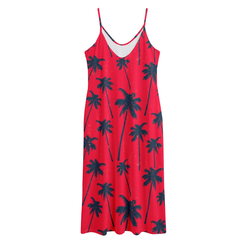 Black Red Palm Tree Pattern Print Jersey Midi Cami Dress