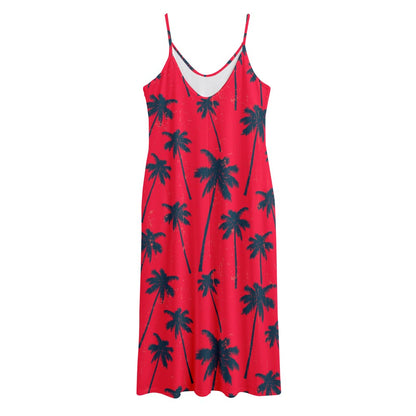 Black Red Palm Tree Pattern Print Jersey Midi Cami Dress