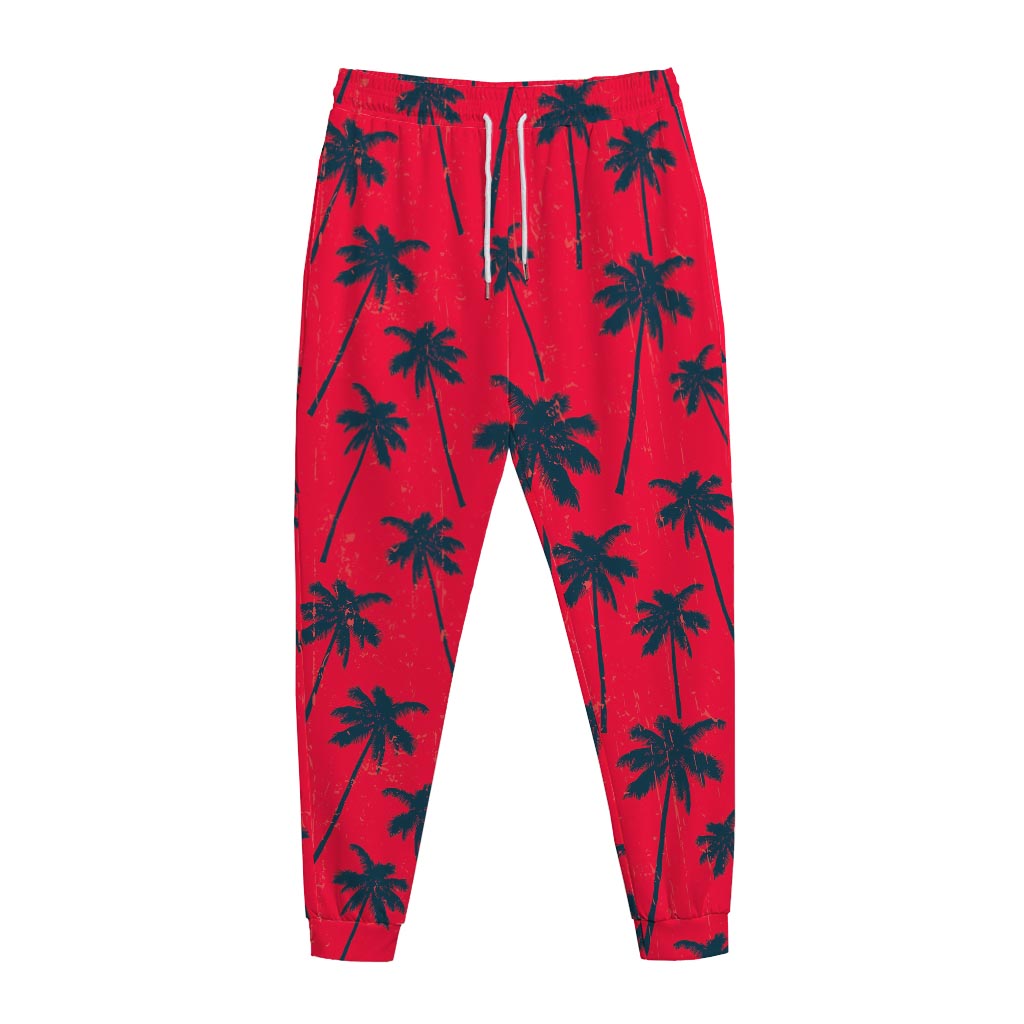Black Red Palm Tree Pattern Print Jogger Pants