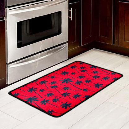 Black Red Palm Tree Pattern Print Kitchen Mat