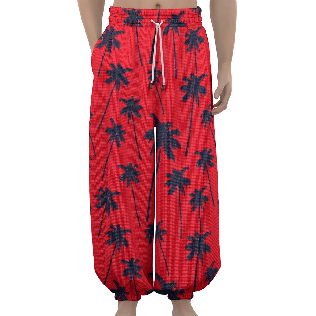 Black Red Palm Tree Pattern Print Lantern Pants