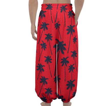 Black Red Palm Tree Pattern Print Lantern Pants