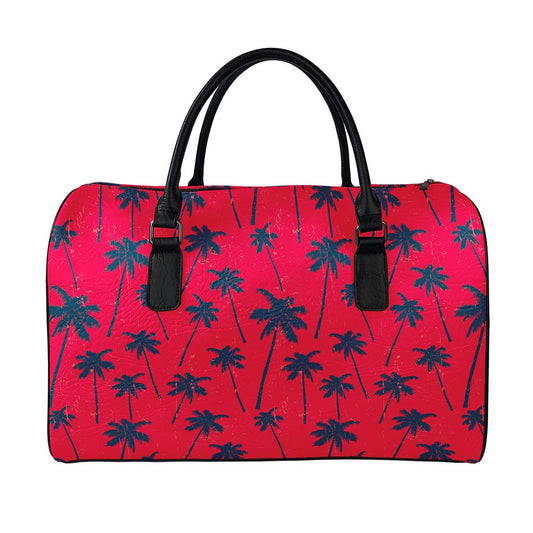 Black Red Palm Tree Pattern Print Leather Duffle Bag