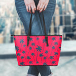 Black Red Palm Tree Pattern Print Leather Tote Bag