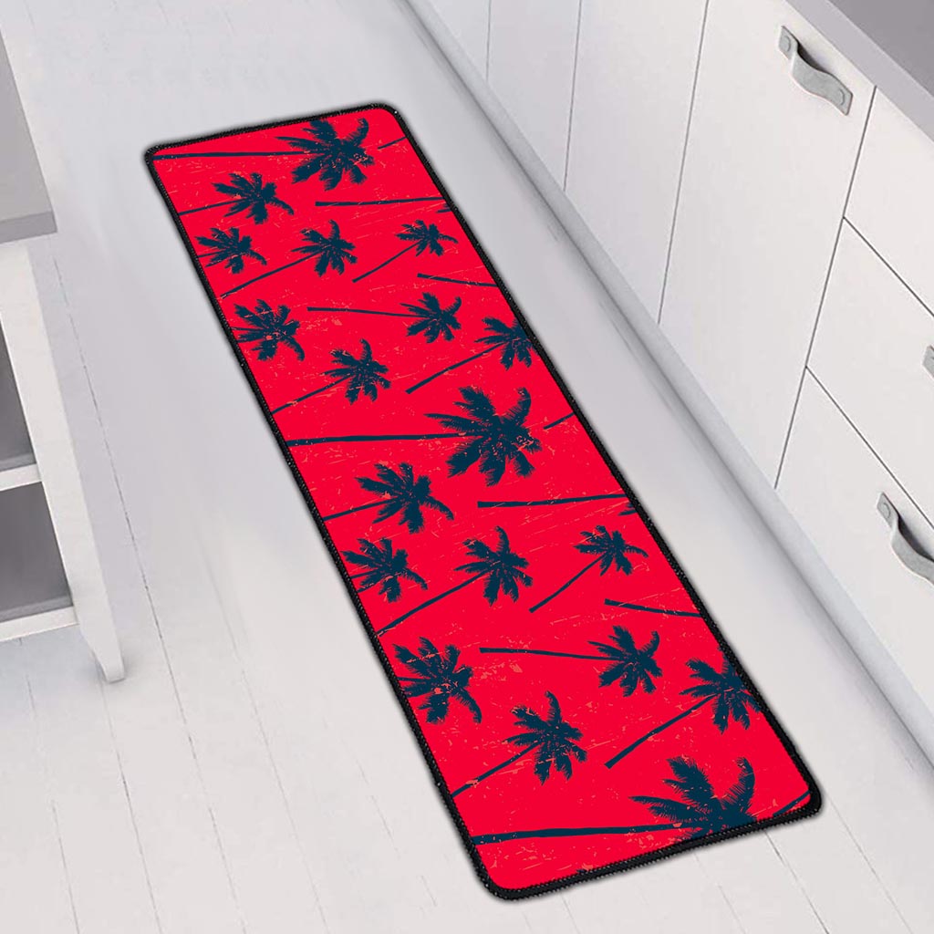 Black Red Palm Tree Pattern Print Long Kitchen Mat