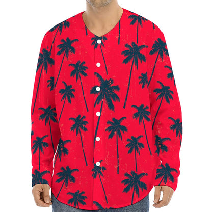 Black Red Palm Tree Pattern Print Long Sleeve Baseball Jersey