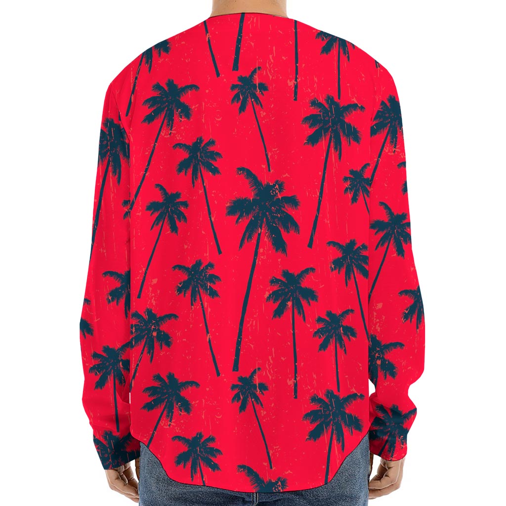 Black Red Palm Tree Pattern Print Long Sleeve Baseball Jersey