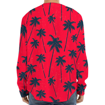 Black Red Palm Tree Pattern Print Long Sleeve Baseball Jersey