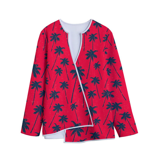 Black Red Palm Tree Pattern Print Long Sleeve Short Coat