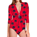 Black Red Palm Tree Pattern Print Long Sleeve Swimsuit