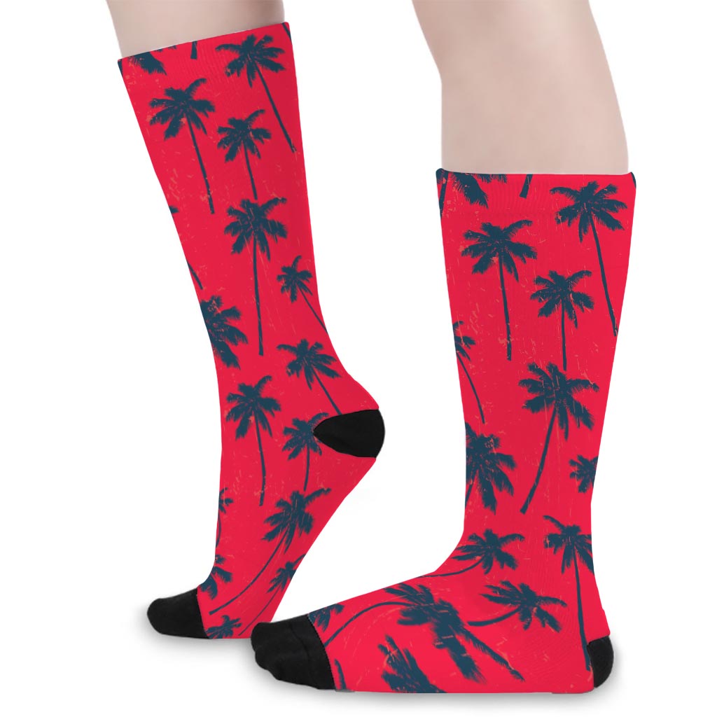 Black Red Palm Tree Pattern Print Long Socks