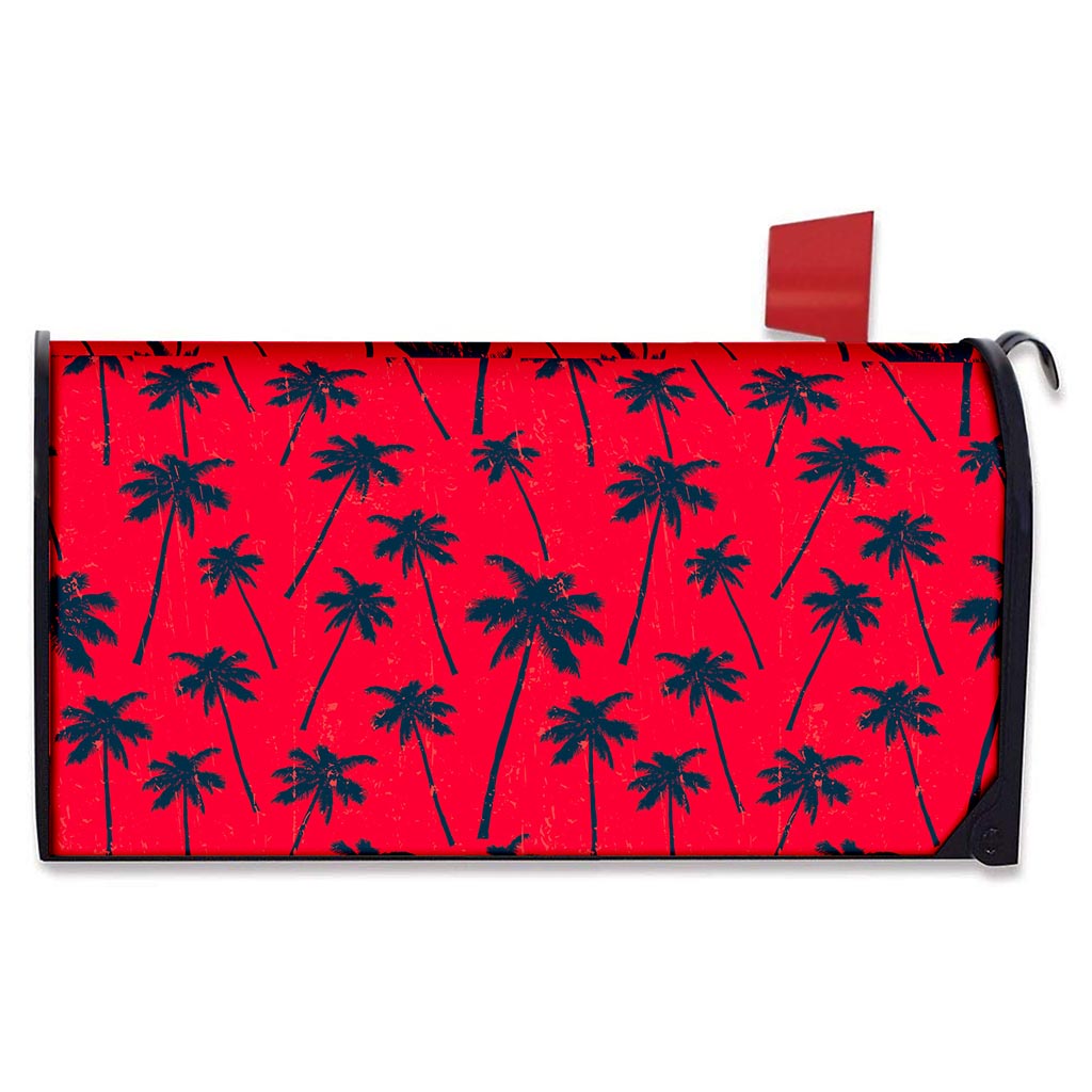 Black Red Palm Tree Pattern Print Mailbox Cover