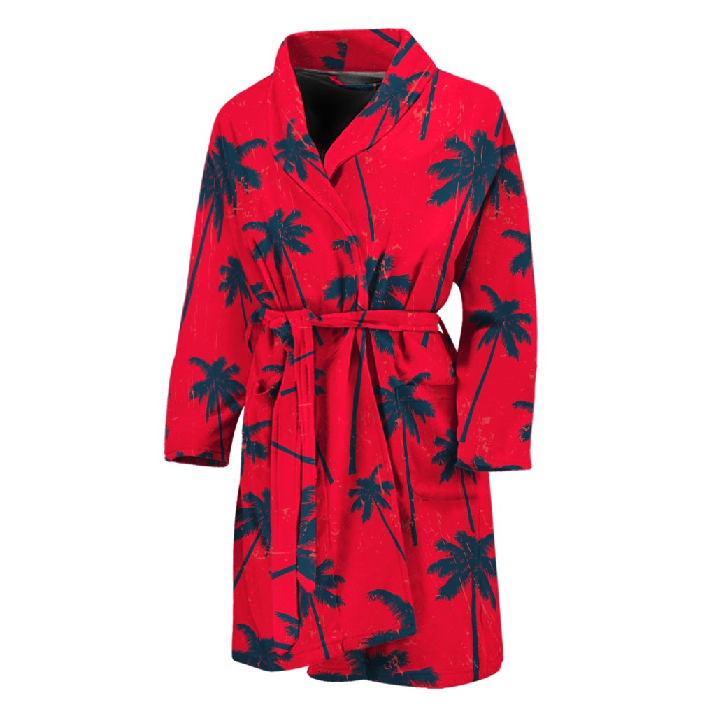 Black Red Palm Tree Pattern Print Men's Bathrobe