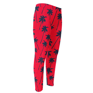 Black Red Palm Tree Pattern Print Men's Compression Pants