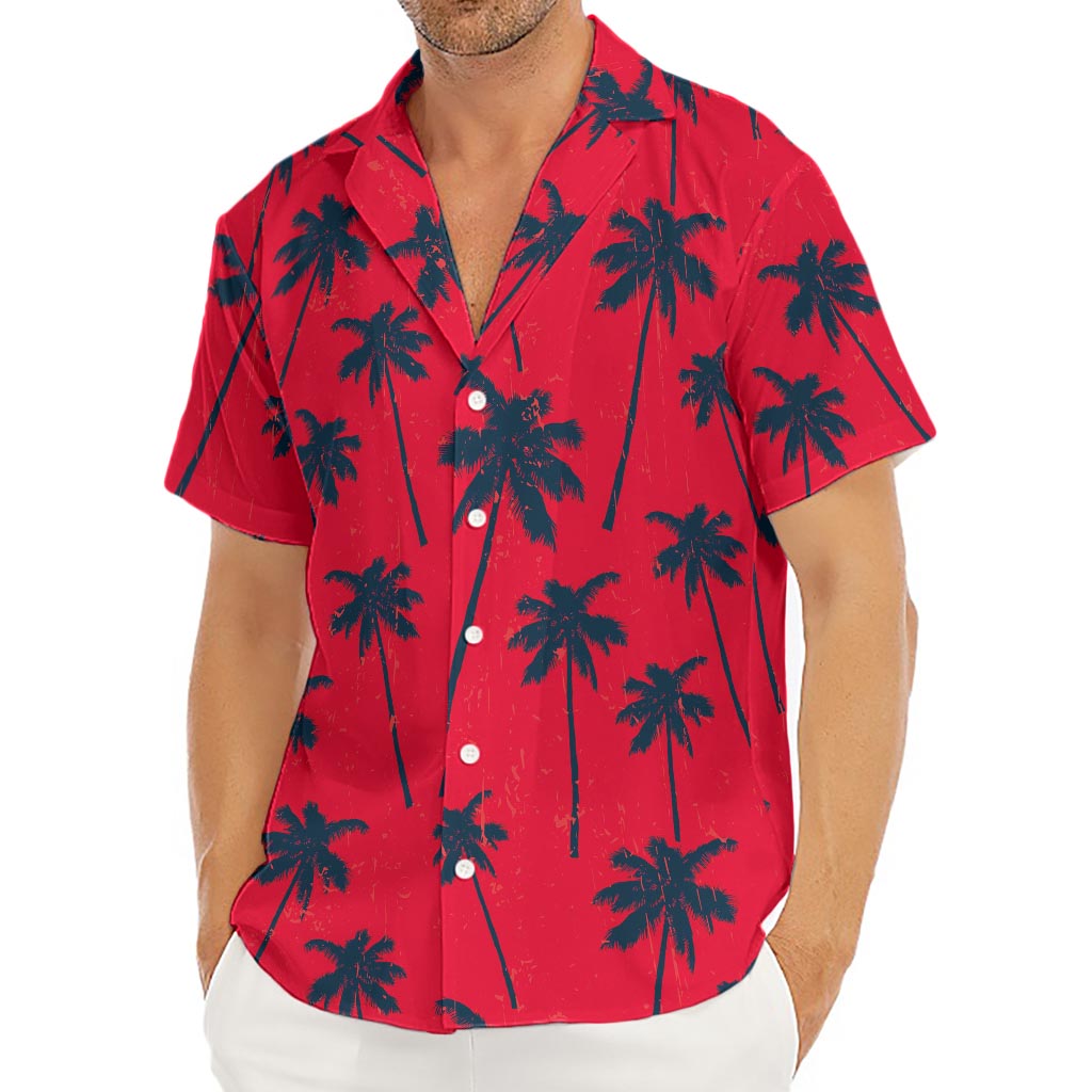 Black Red Palm Tree Pattern Print Men's Deep V-Neck Shirt